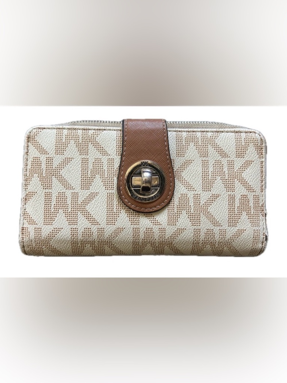 Wendy Keen Women's Beige/Brown Zip-Around Wallet, Logo, Credit‎ Card Slots